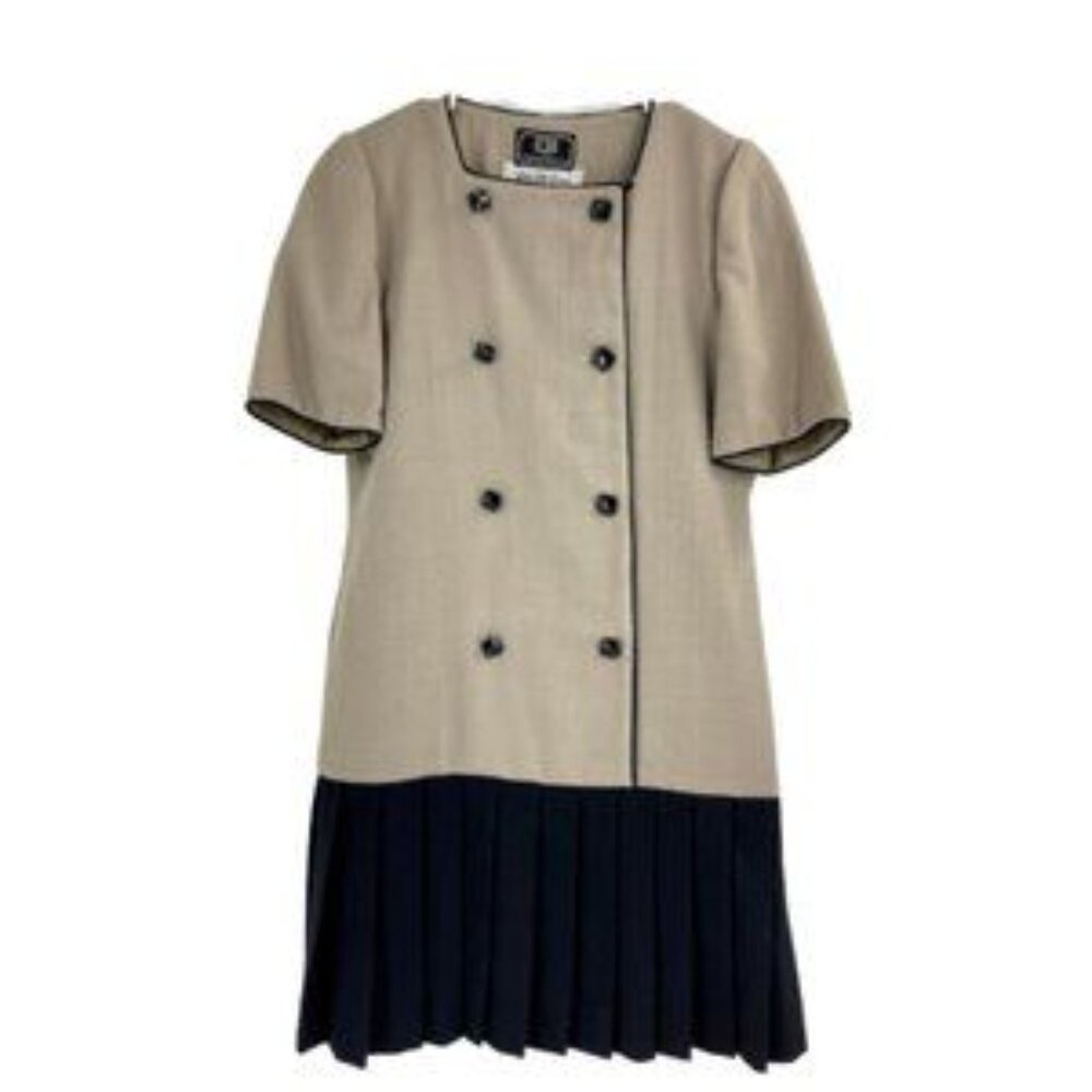 Vintage Carolina Herrera Saks Fifth Avenue Dress Beige Black Wool Midi Size 14